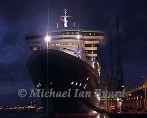 QM2 Port Bow view at Dusk